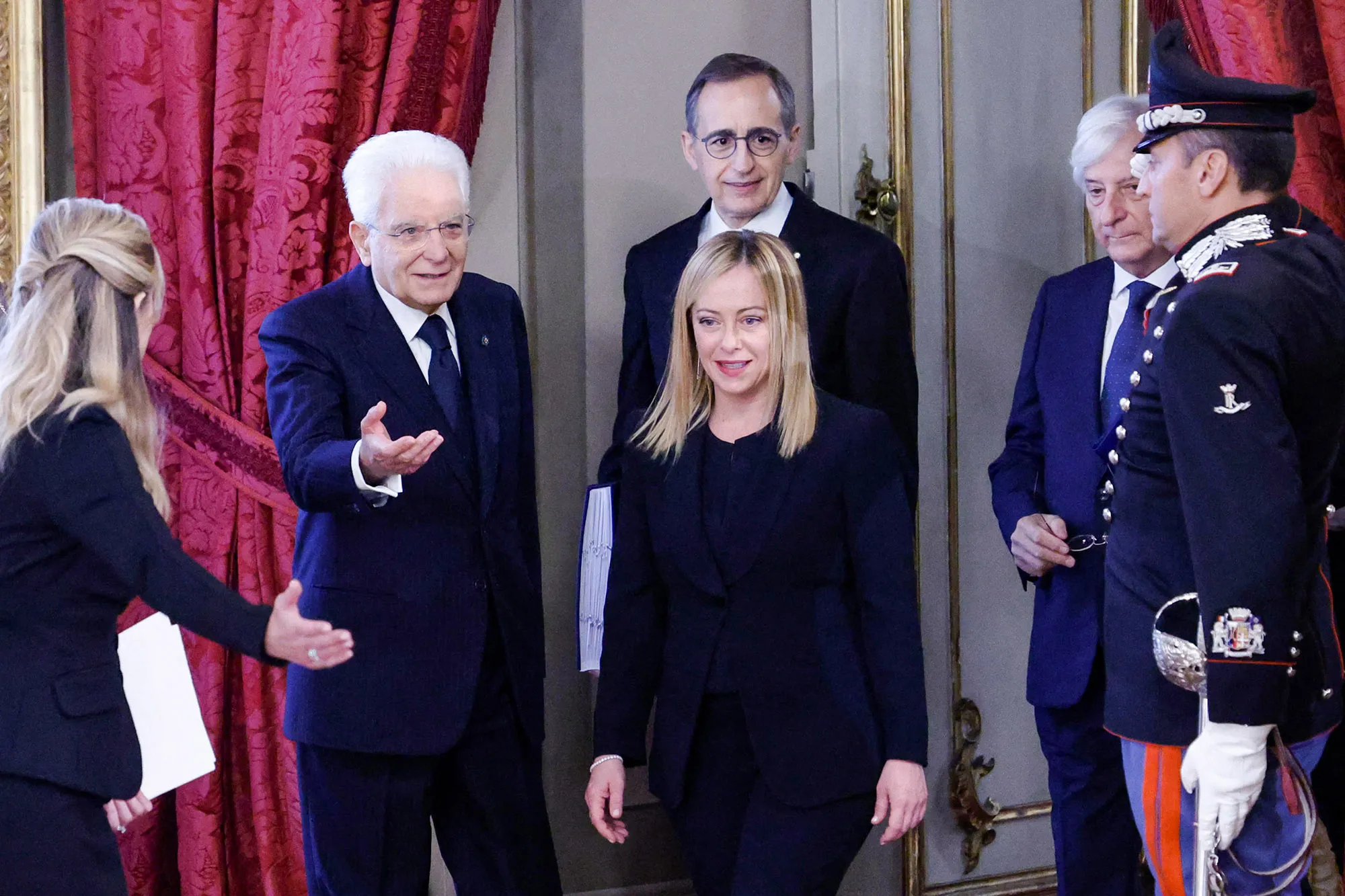 Sergio Mattarella&nbsp;welcomes Giorgia Meloni as she arrives for the swearing&nbsp;in Rome,&nbsp;on Oct.&nbsp;22.&nbsp;