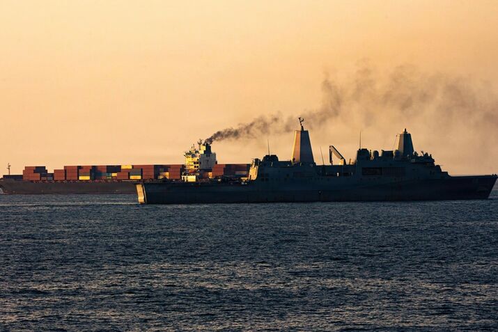 US forces patrol the Arabian Sea near the Touska cargo ship, on April 20.