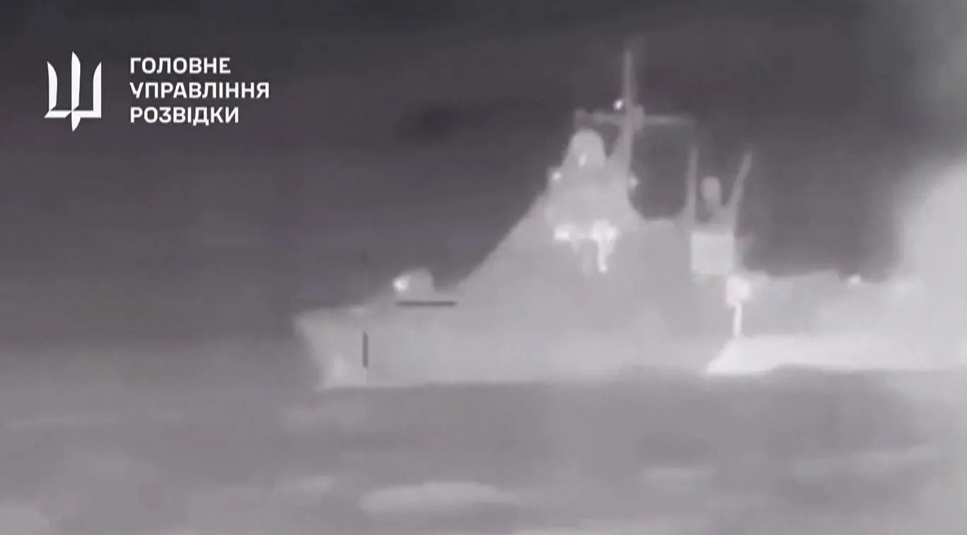 A Ukrainian naval drone approaches the Russian Sergei Kotov patrol ship in the Black Sea, in a video released by Ukraine’s military intelligence service.