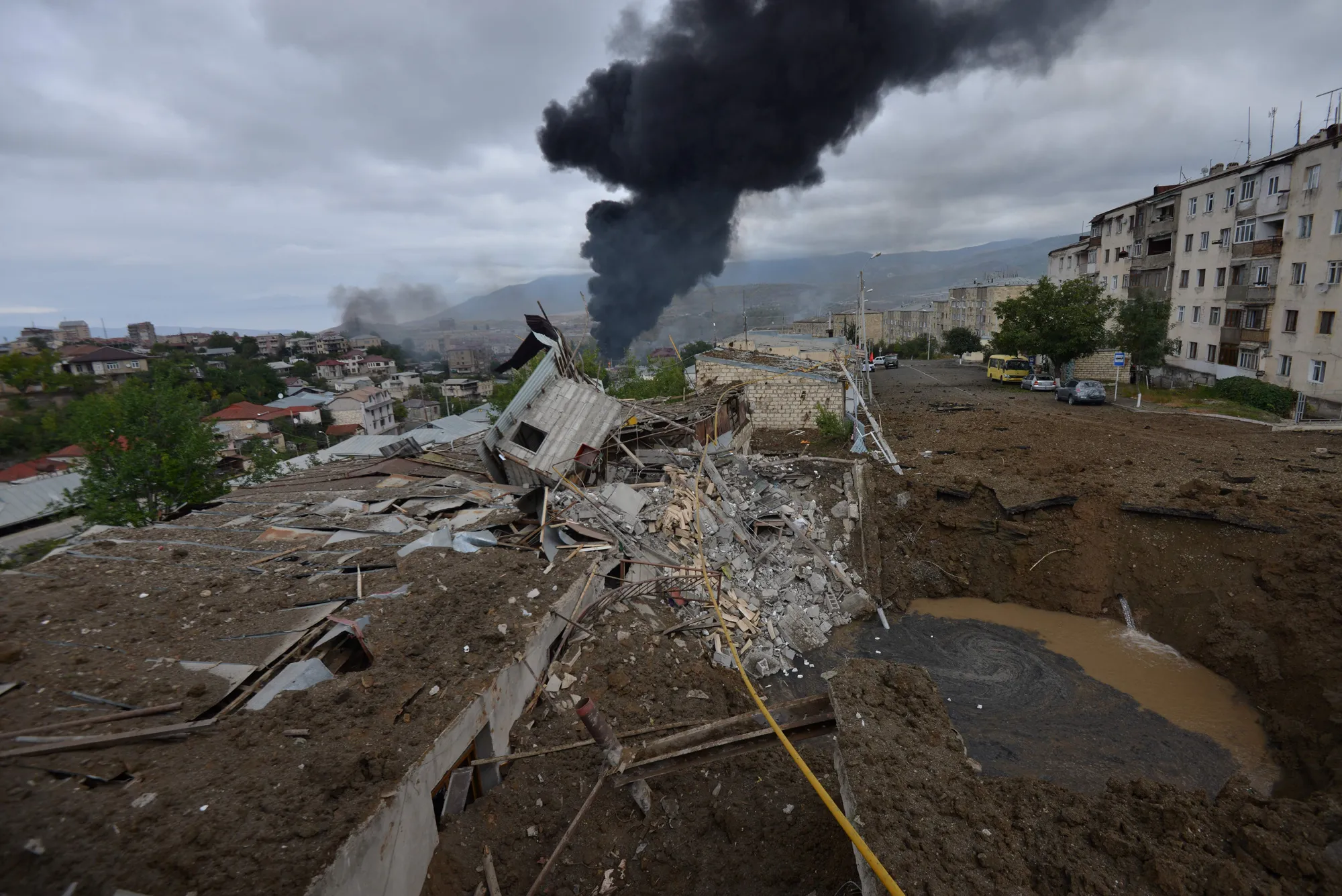 Smoke rises following shelling in Stepanakert, Nagorno-Karabakh on Oct. 4.