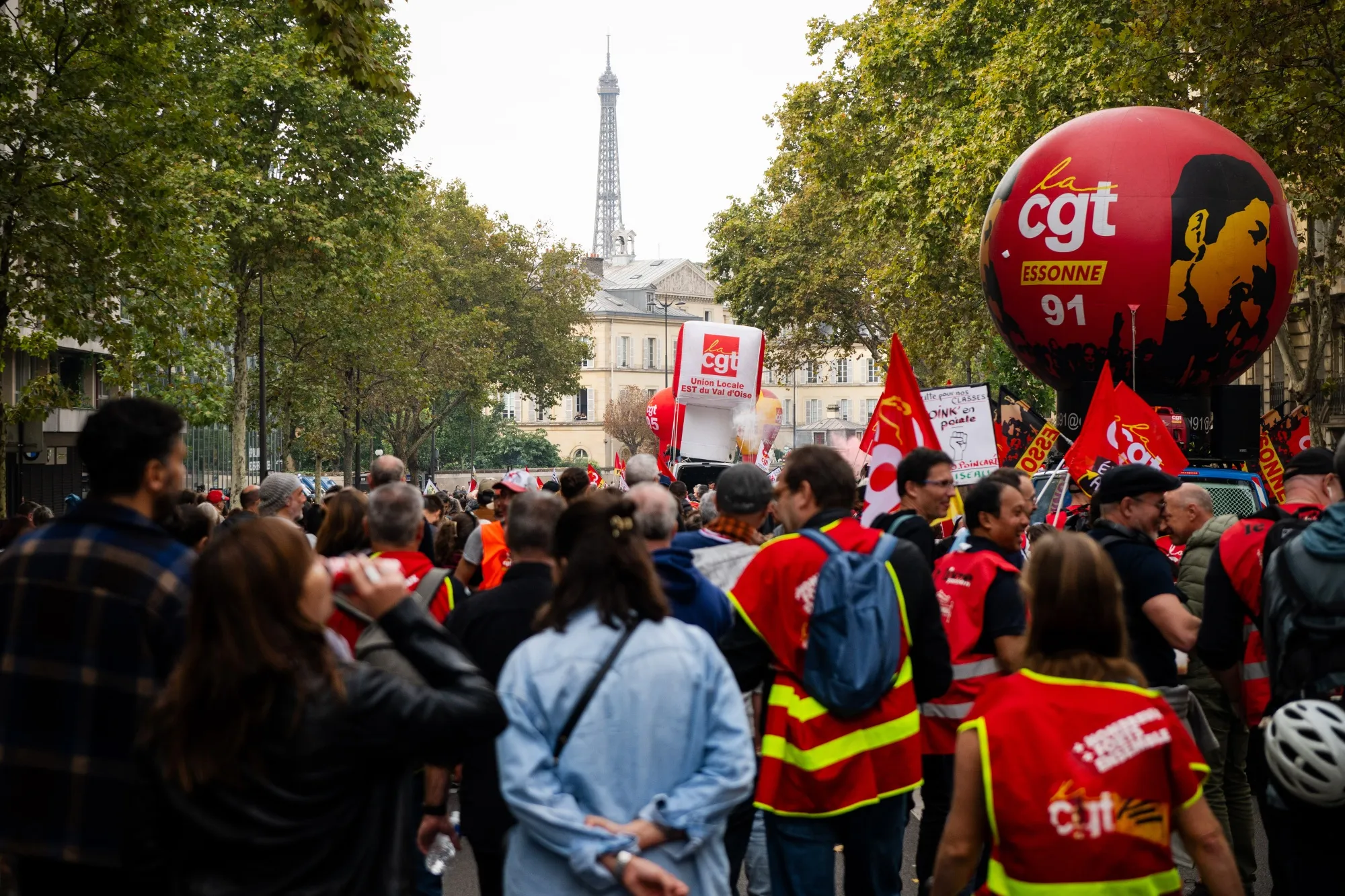 Protesters during a French workers’ union-organized demonstration in central Paris on&nbsp;Oct. 2.