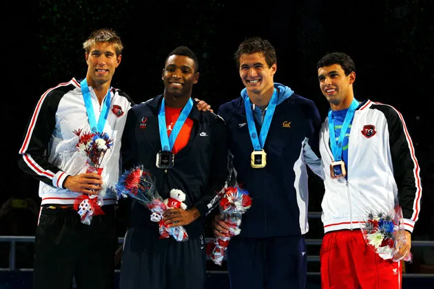 Ricky Berens, right, with team-mates during the medal ceremony for the men's 100 m Freestyle during the 2012 U.S. Olympic Swimming Team Trials in Omaha.