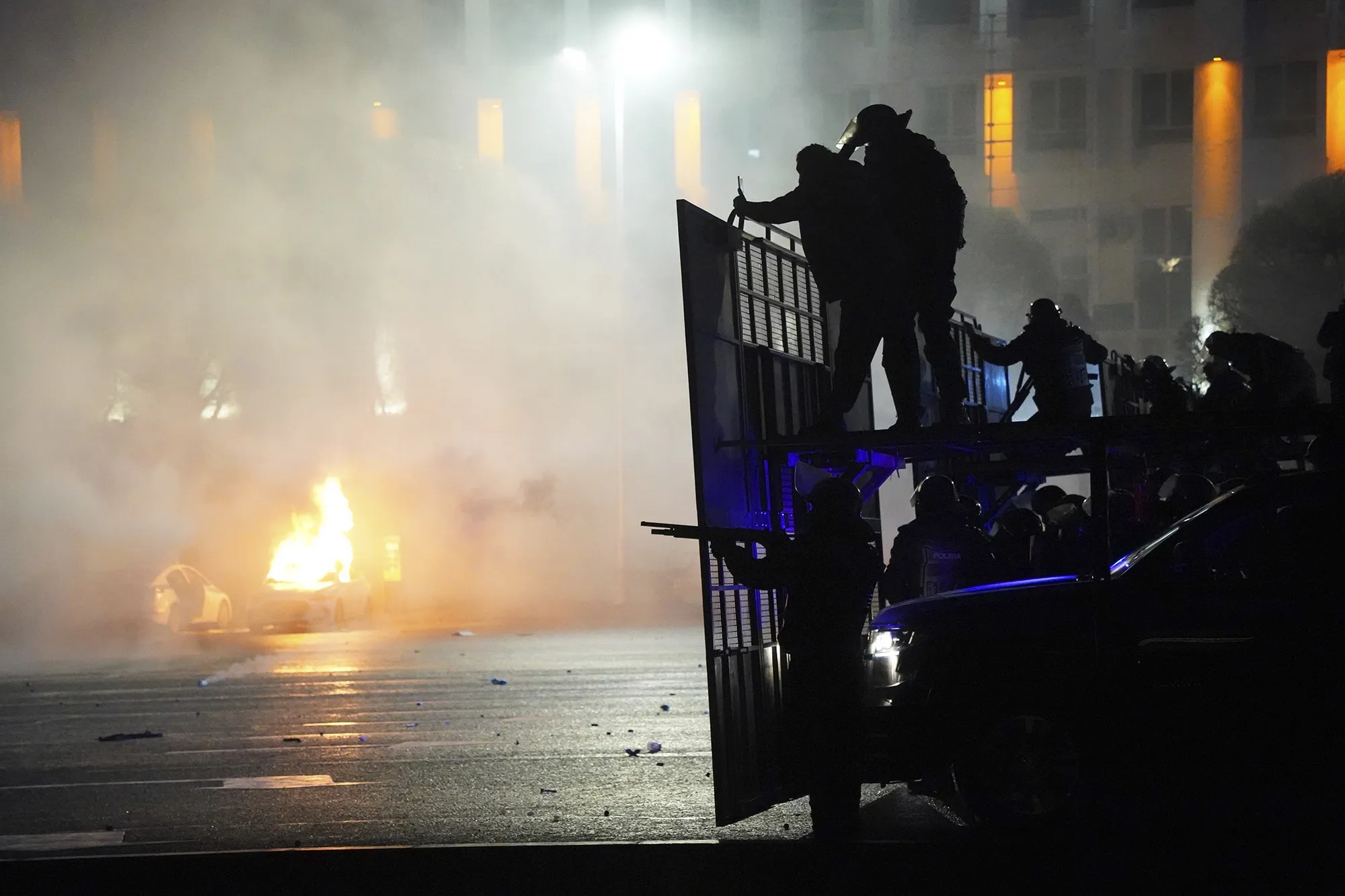 Riot police prepare to stop protesters in the center of Almaty, Kazakhstan, on Jan. 5.