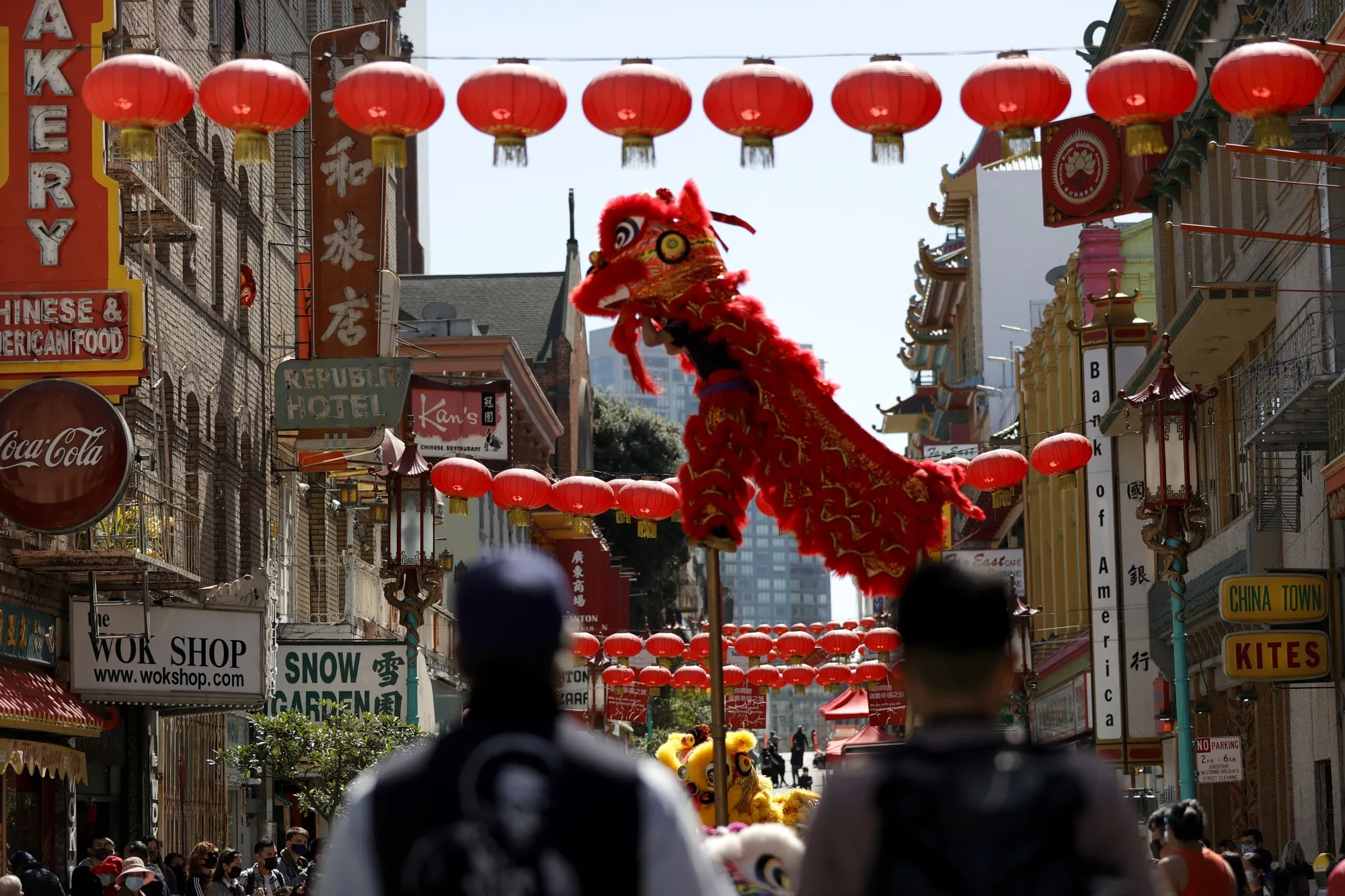 A Chinese Dragon Dance team performs on Grant Avenue in Chinatown, San Francisco, California.&nbsp;
