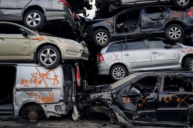 Scrapped cars at a Gronvolds Bil-Demontering dismantling facility in Brumunddal.