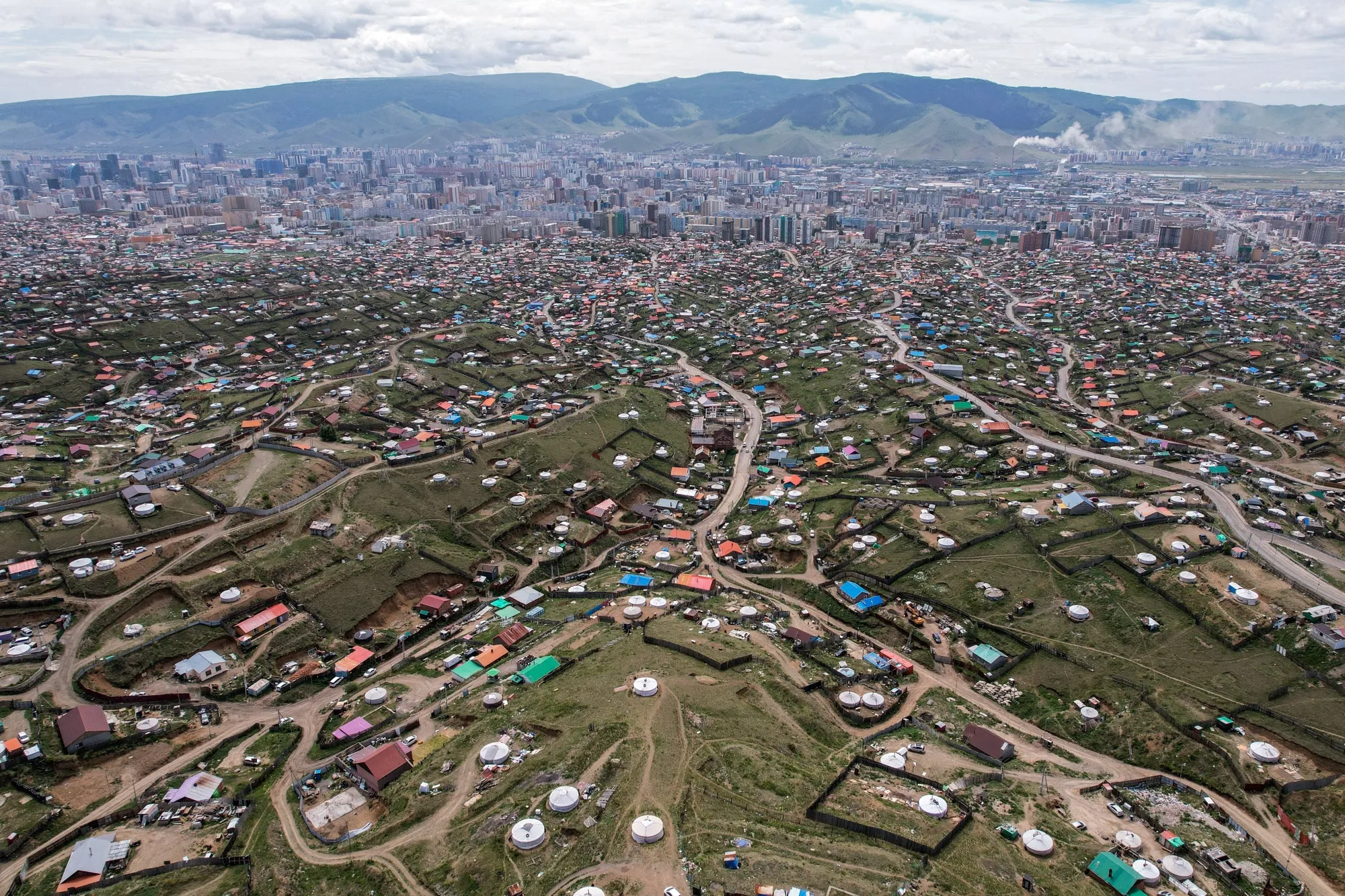 Houses and traditional gers in Ulaanbaatar in June.