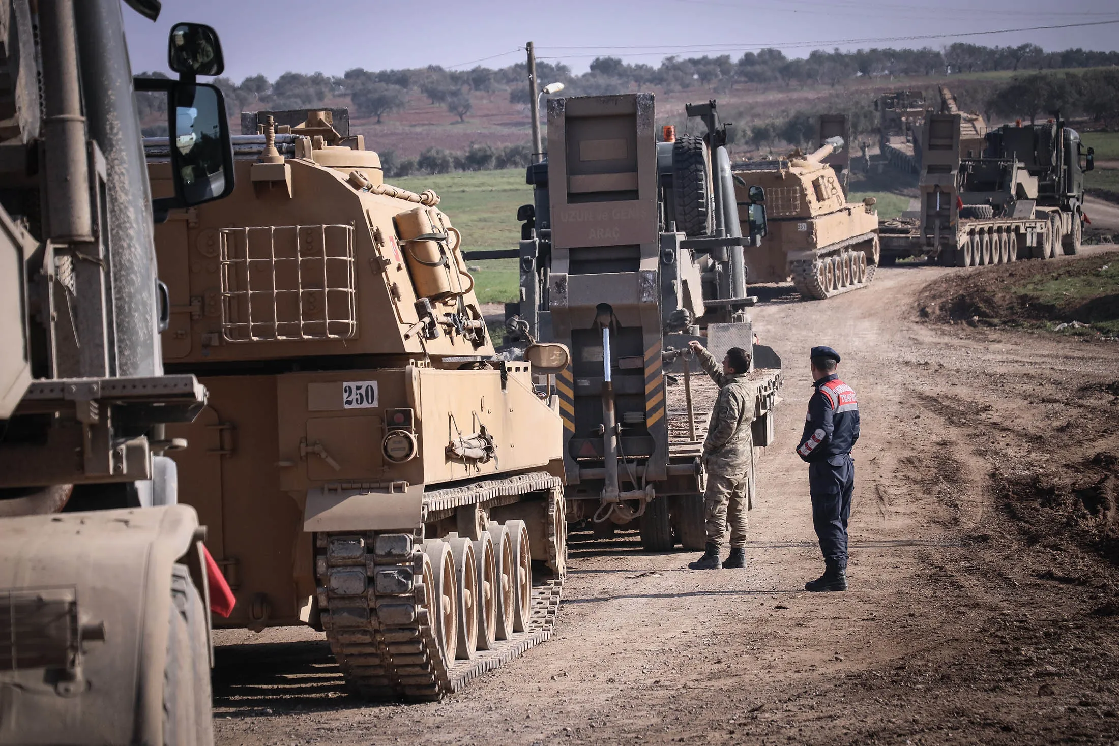 A Turkish army convoy is deployed to the Syria border in Hatay, Turkey, on Feb. 17.