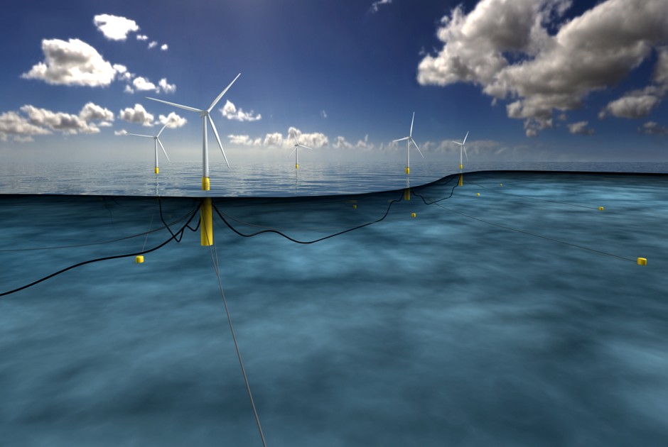 This rendering depicts Hywind turbines bobbing in the water, with their tethers affixed to the floor below.
