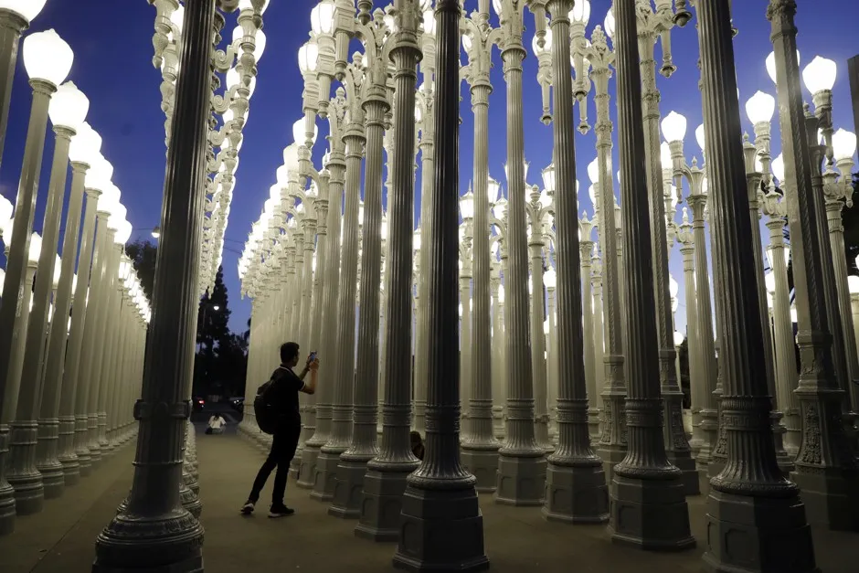 Chris Burden's "Urban Light," installed at the Los Angeles County Museum of Art, features several of L.A.'s historic streetlight styles.