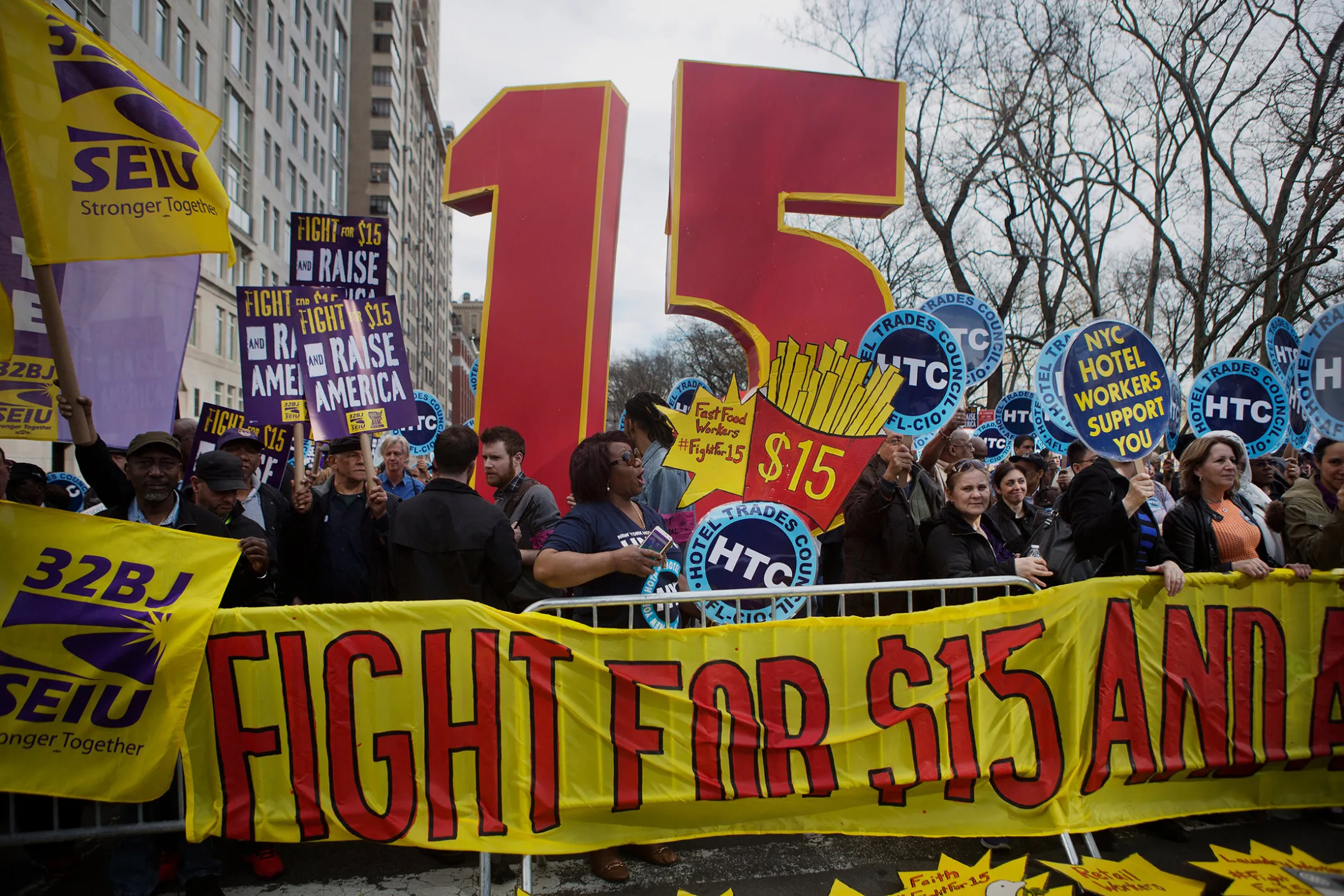 Demonstrators rally in support of a minimum-wage increase in New York on April 15. Fast-food workers held rallies in 236 U.S. cities.
