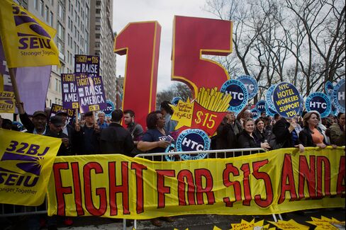 Demonstrators rally in support of a minimum-wage increase in New York on April 15. Fast-food workers held rallies in 236 U.S. cities.