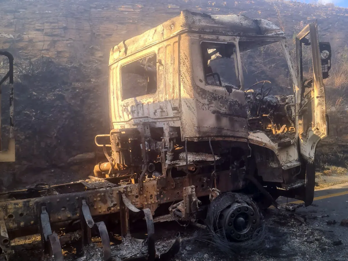 A destroyed truck on the N4 in Mpumalanga, South Africa.