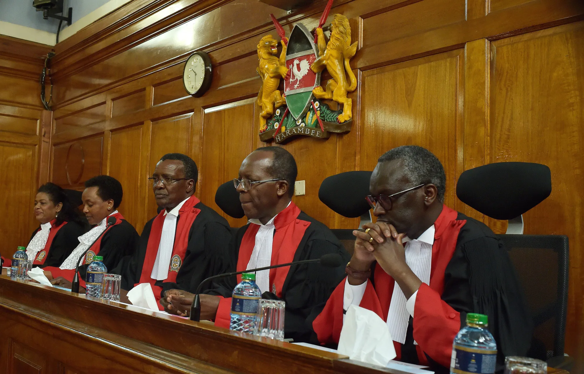Kenya's Supreme Court judges sit together before delivering a detailed ruling laying out their reasons for annulling the 2017 presidential election, on Sept. 20.
