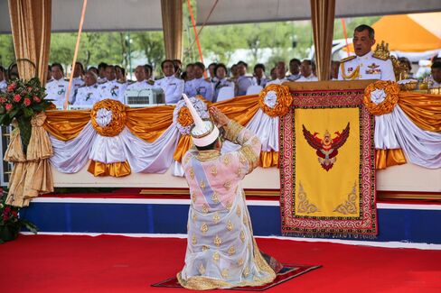 Maha Vajiralongkorn, crown prince of Thailand, attend ceremony at Sanam Luang park in Bangkok on May 9.