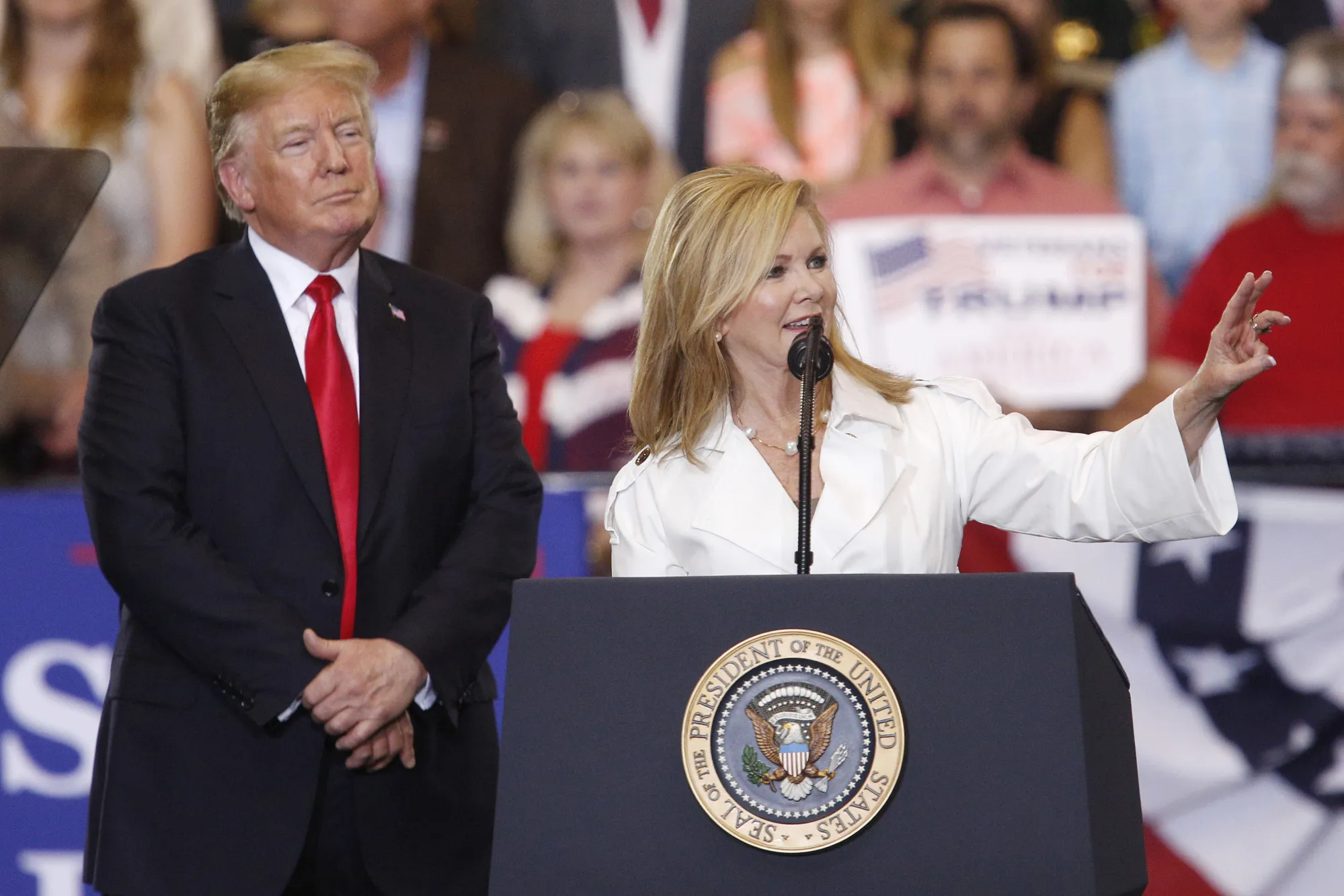 Representative Marsha Blackburn, a Republican from Tennessee, speaks during a rally in Nashville on May 29, 2018.
