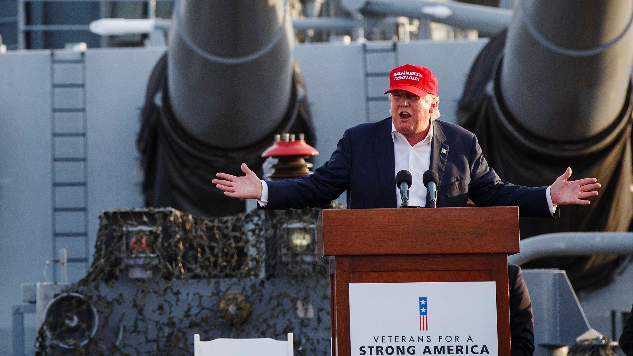 Donald Trump, president and chief executive officer of Trump Organization Inc. and 2016 Republican presidential candidate, speaks during a rally aboard the Battleship USS Iowa in San Pedro, California, on Sept. 15, 2015.
