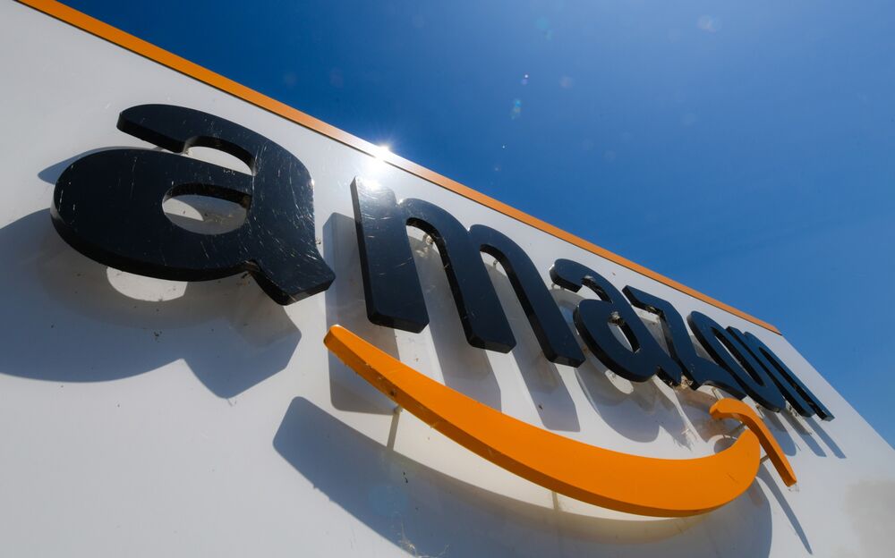 A picture shows the Amazon logo at the entrance of the Amazon logistics centre in Amiens, northern France.
