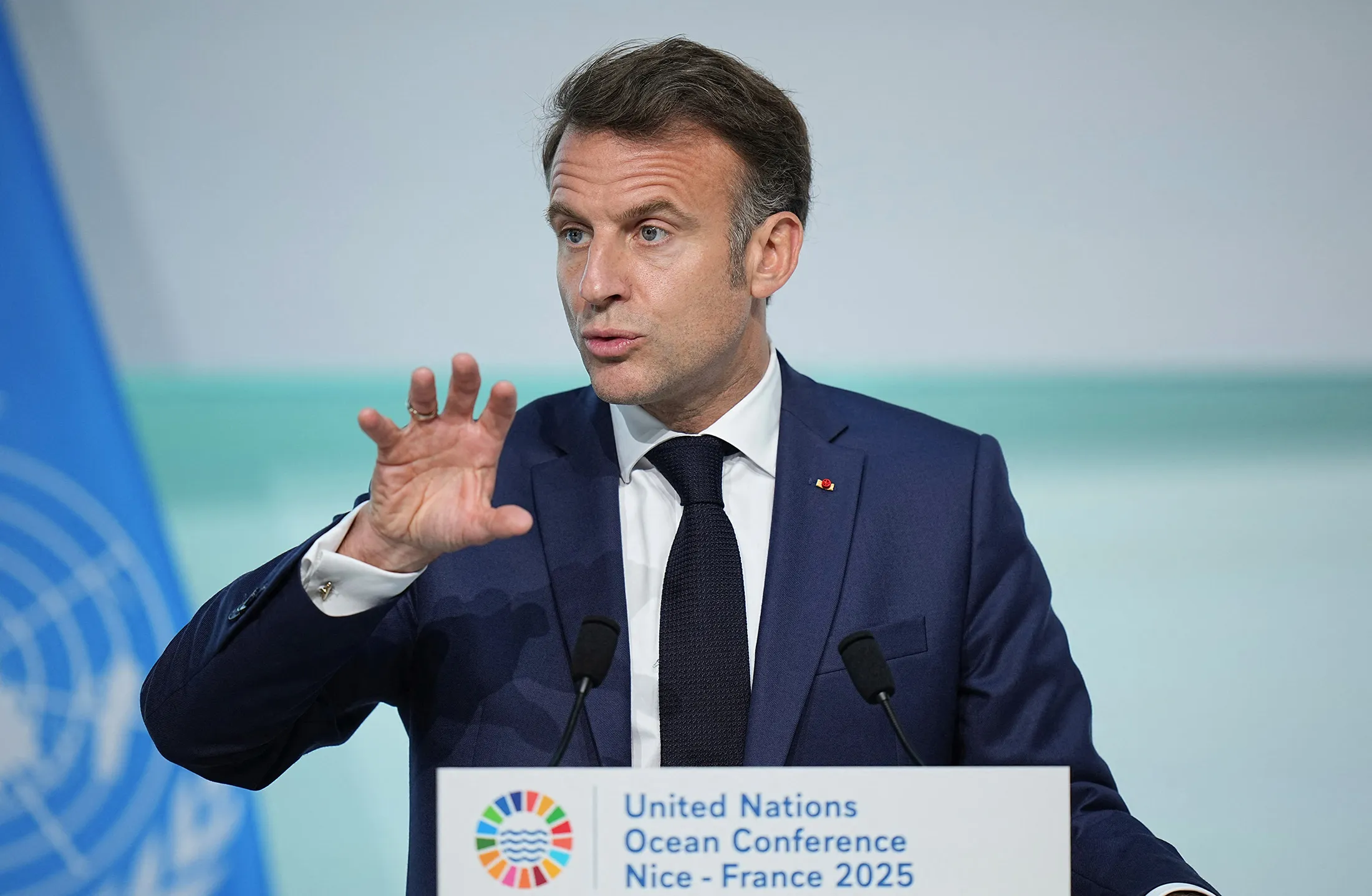 France’s President Emmanuel Macron speaks during the United Nations Ocean Conference in Nice, France, on June 9.