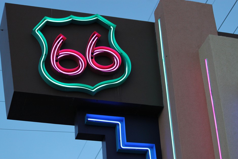A neon sign along historic Route 66 in New Mexico.