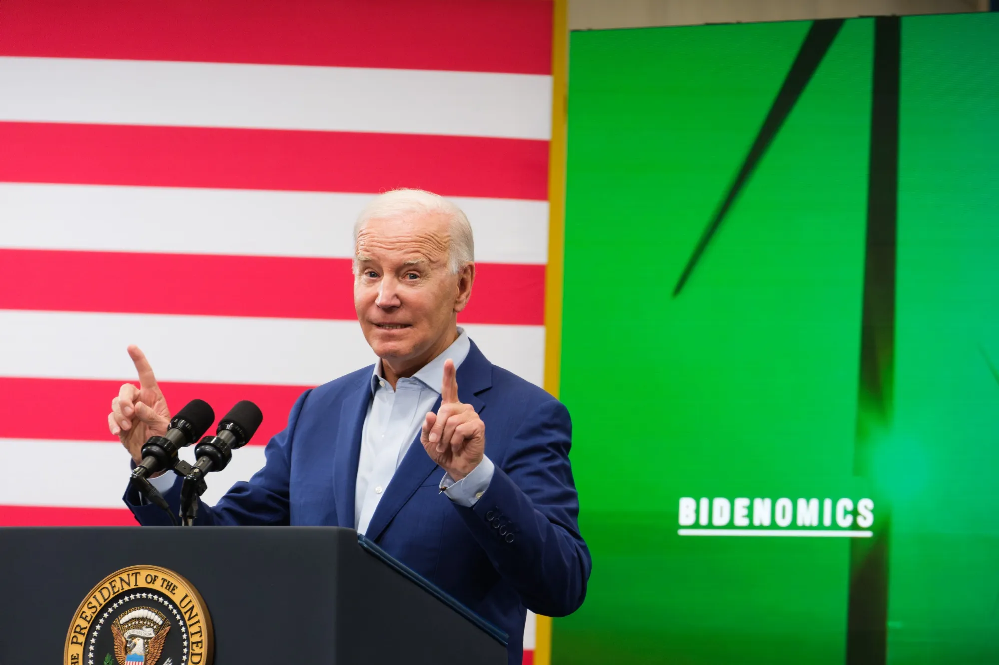 US President Joe Biden speaks at a groundbreaking for an Arcosa Wind Towers manufacturing facility in Albuquerque, New Mexico, on Aug. 9, nearly a year after he signed the Inflation Reduction Act.