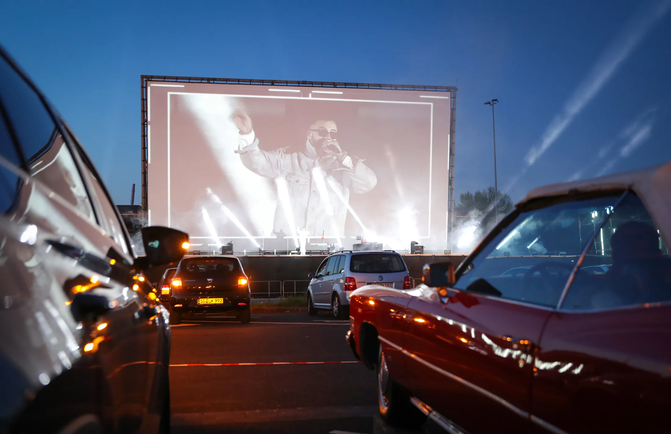 German Rapper Sido performs at the Georg Schutz drive-in cinema on April 26 in Dusseldorf, Germany.