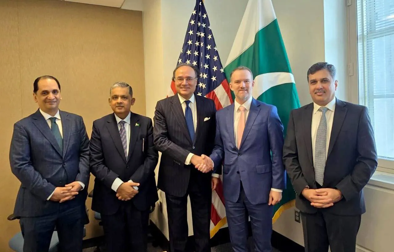 Pakistan’s Finance Minister Muhammad Aurangzeb, center, with US Trade Representative Jamieson Greer, second right, in Washington DC on July 30.
