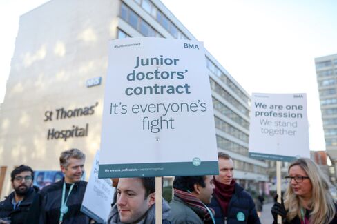 Junior doctors hold placards outside St Thomas’ Hospital in London.