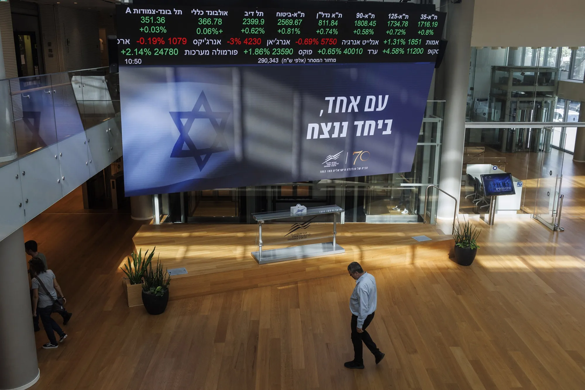 An electronic ticker displays stock price information above a sign reading 'One Nation, Together We Will Win' in&nbsp;the Tel Aviv Stock Exchange in Tel Aviv, Israel.