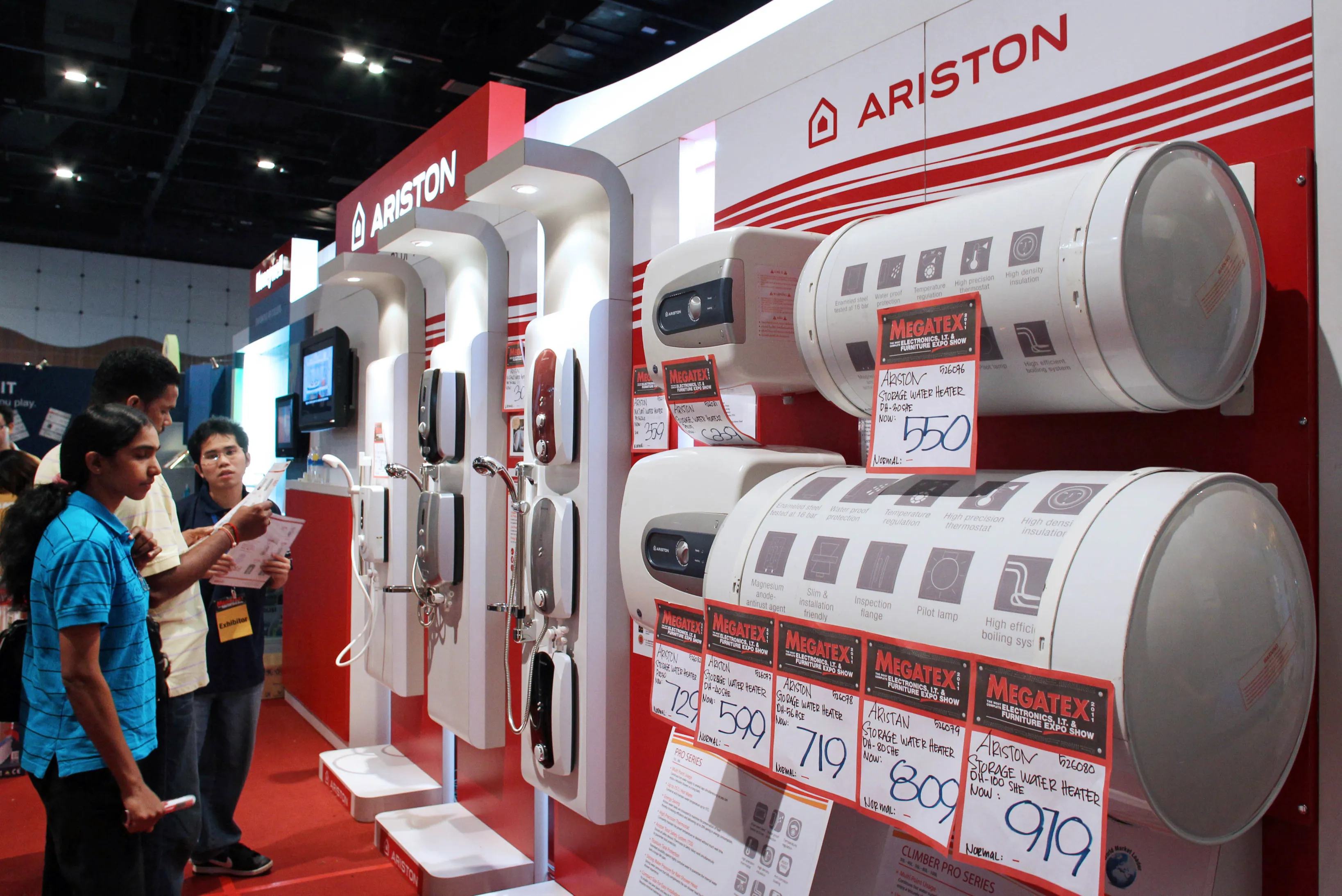Ariston water heaters on sale at the Megatex Electronics &amp; IT Expo show in Petaling Jaya, Malaysia.