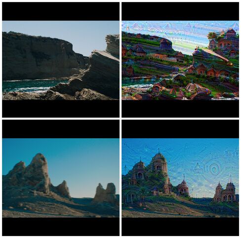 Examples from Years & Years’ video showing the raw footage (left) and the AI-altered images (right).