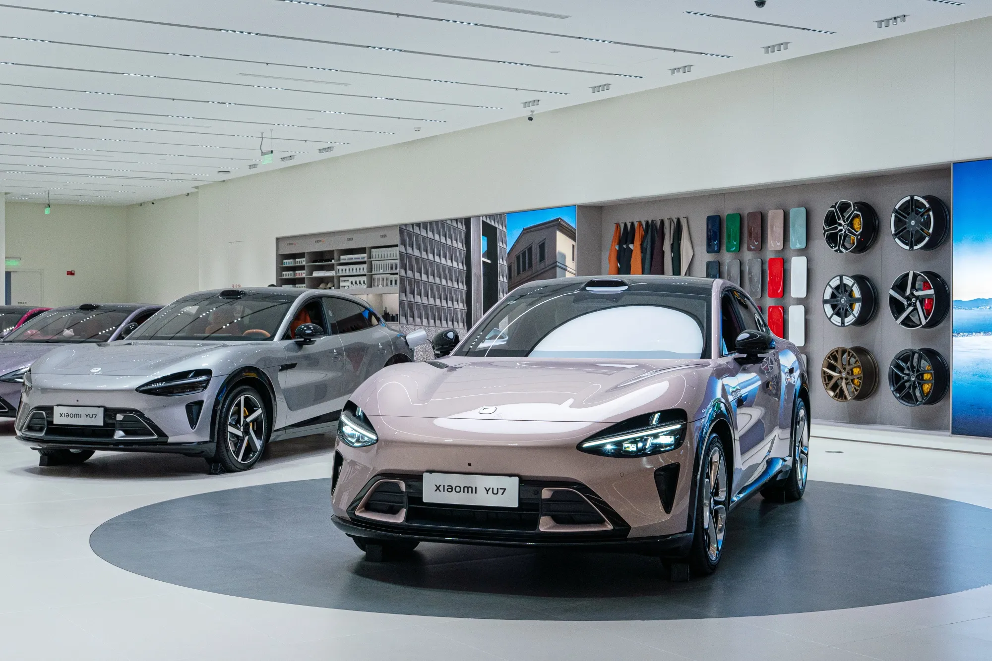 Xiaomi YU7 electric vehicles displayed at one of the company's stores in Beijing.