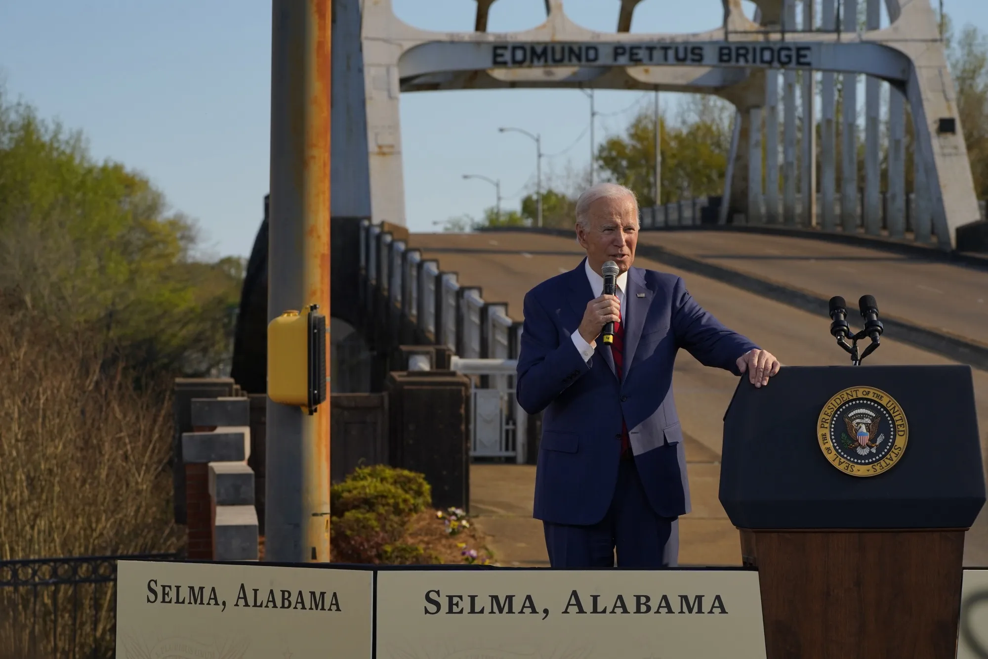 President Joe Biden speaks at an event near the Edmund Pettus Bridge in Selma, Alabama, on March 5.