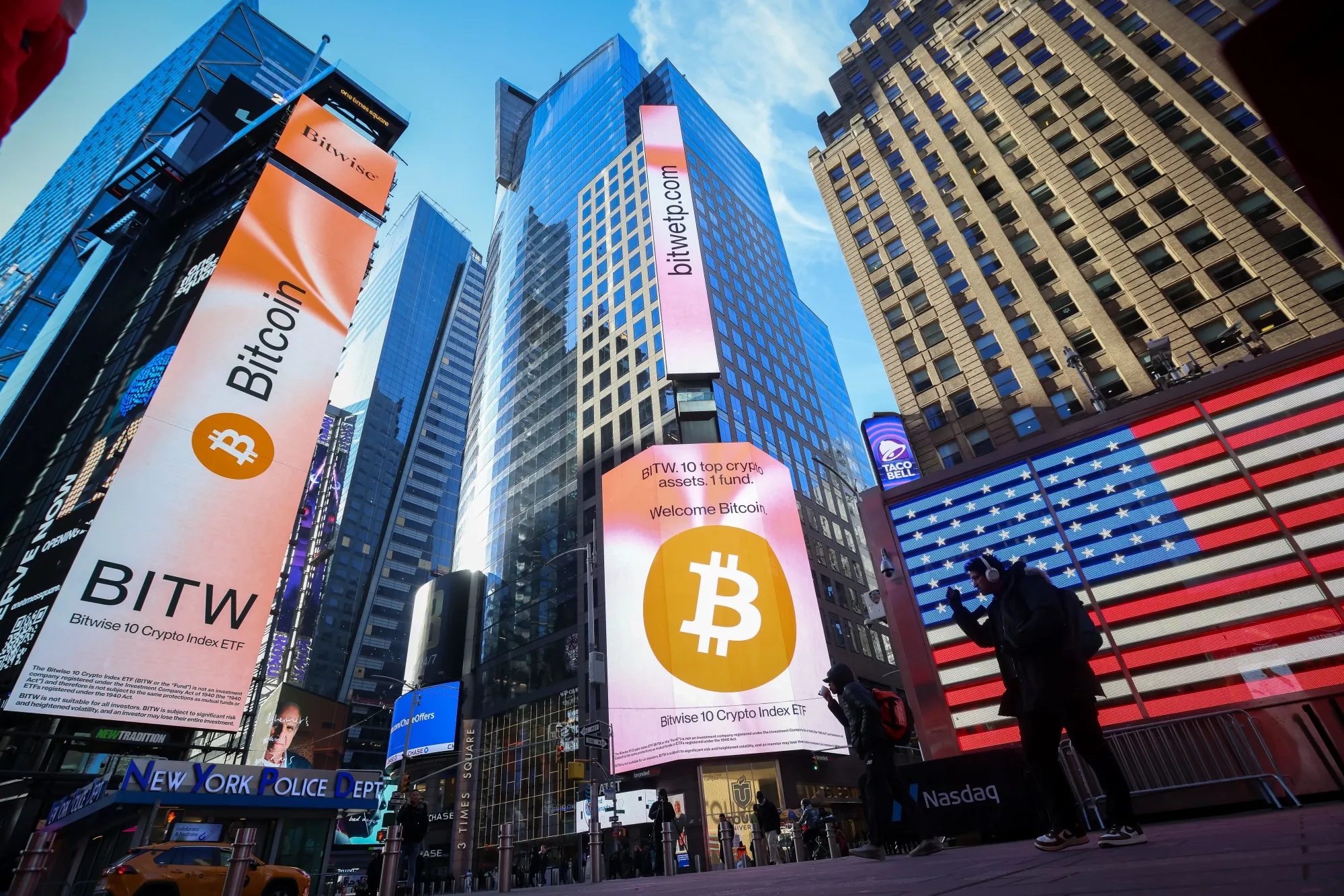 Bitcoin signage in New York’s Times Square.
