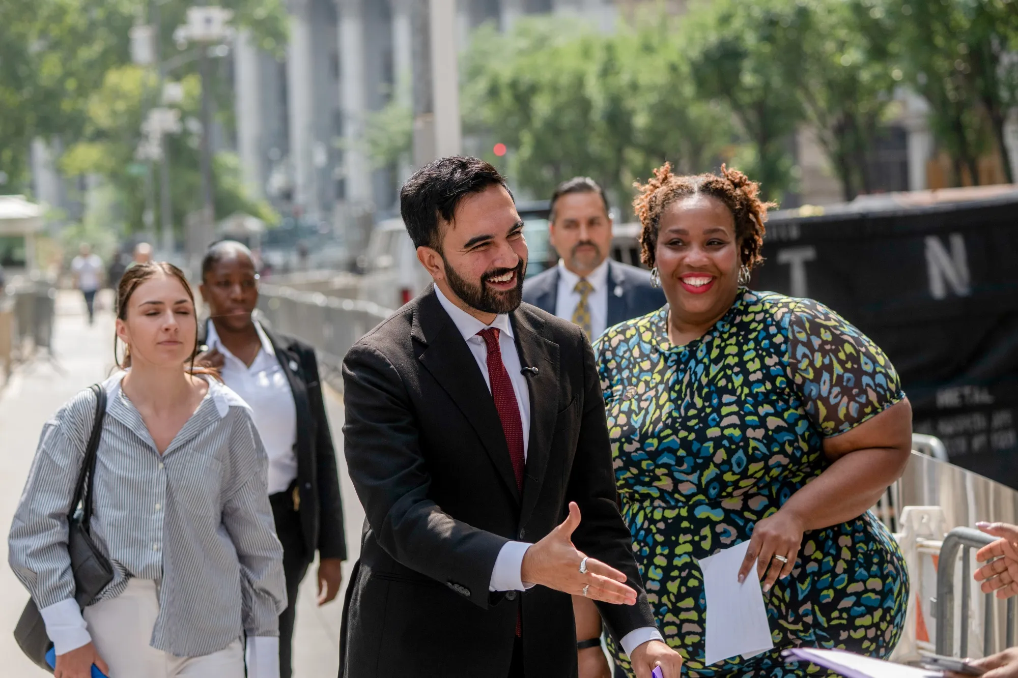 New York state Representative Zohran Mamdani, center, the frontrunner in New York City’s mayoral campaign.&nbsp;Mamdani’s progressive policy proposals have had a mixed reception among Democratic leaders as they prepare to counter Donald Trump in next year’s midterm Congressional elections.