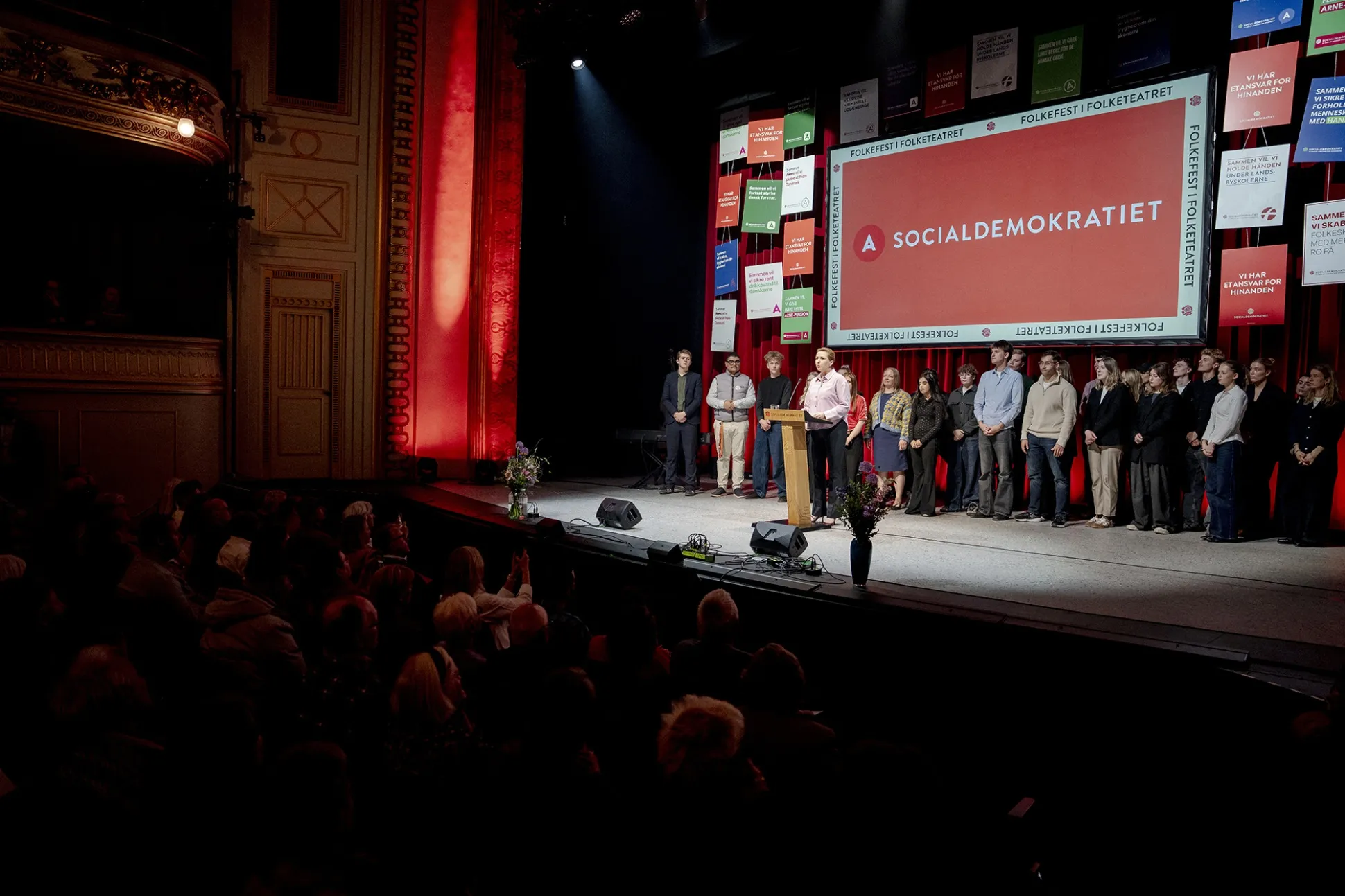 Danish Prime Minister and leader of the Social Democrats Mette Frederiksen speaks during an event of her party at a theatre in Copenhagen on March 22.