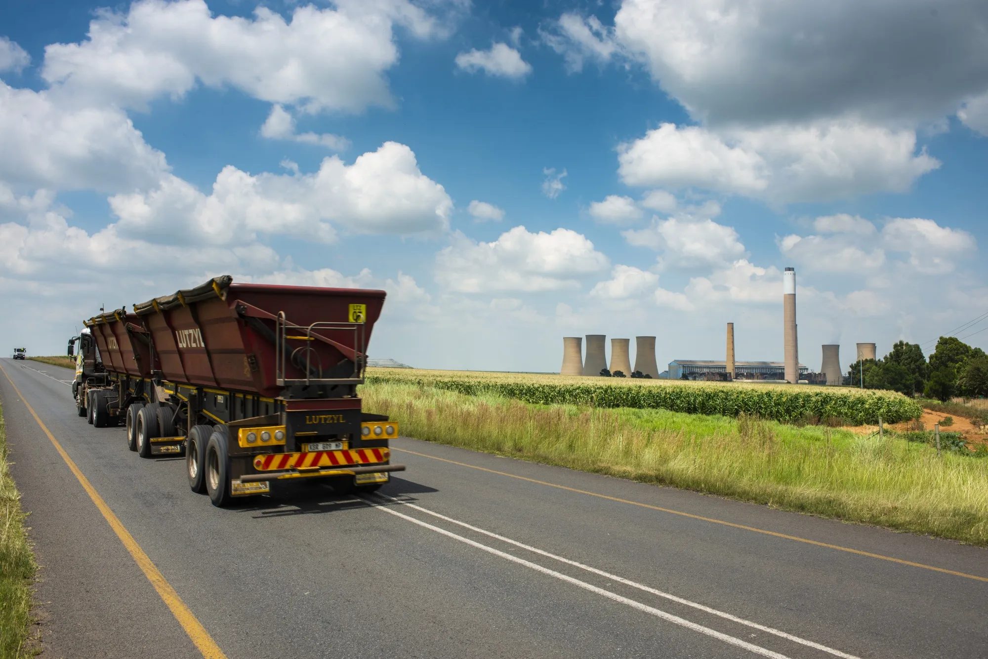 A coal delivery truck passes the Komati coal-fired power station in Mpumalanga, South Africa.