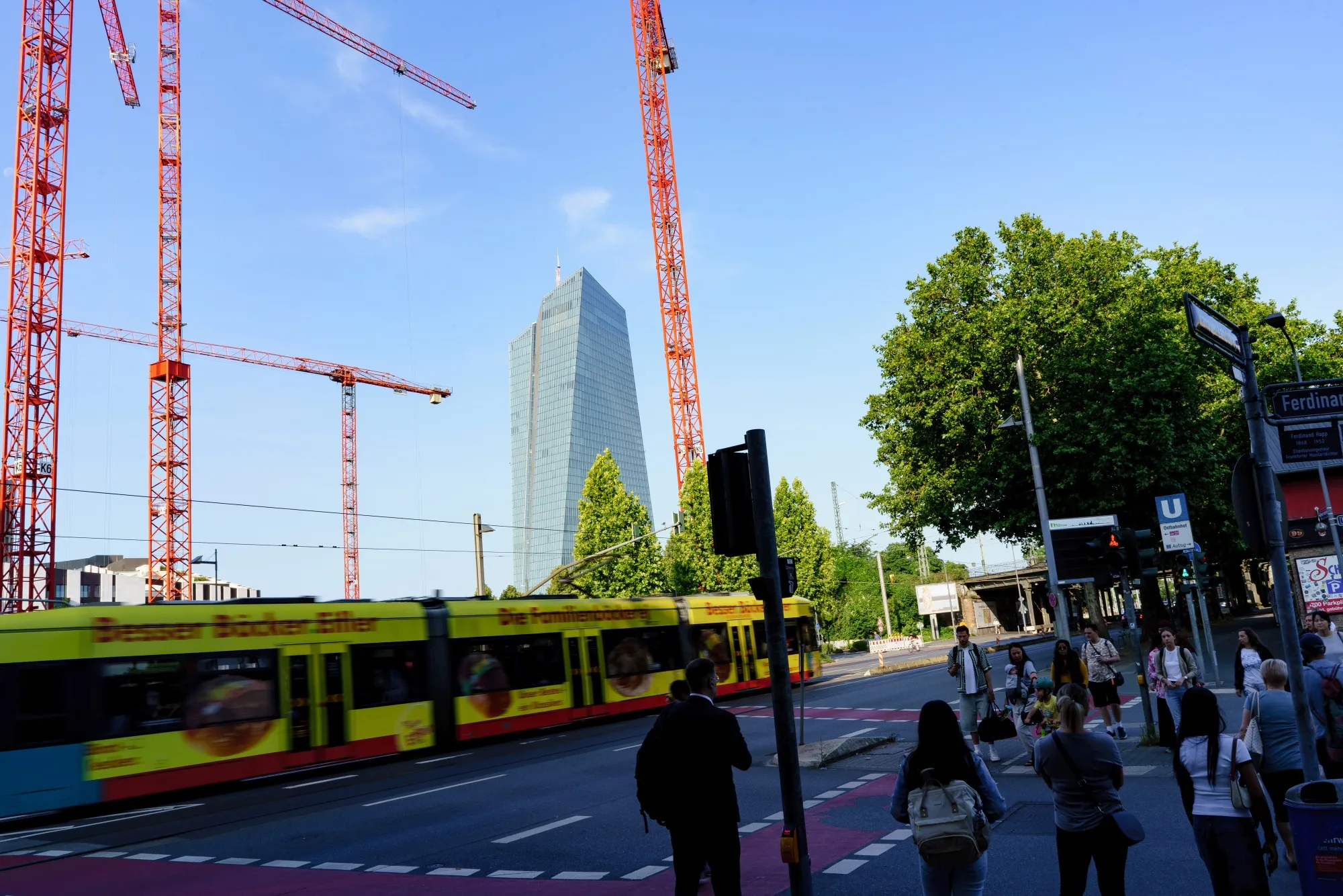 Construction cranes near the headquarters of the European Central Bank in Frankfurt.