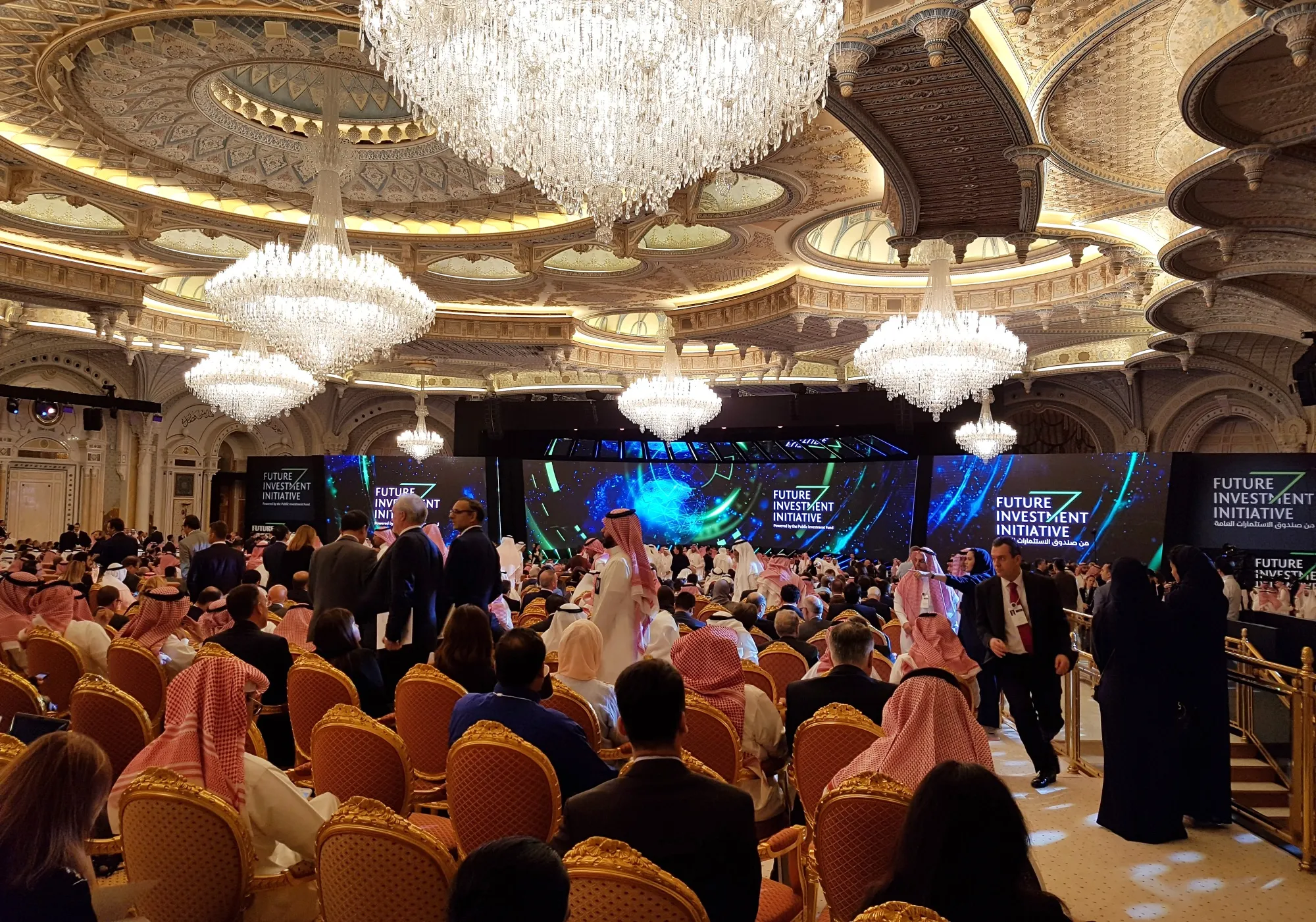 Participants take their seats in the auditorium on the opening day of the Future Investment Initiative&nbsp;conference at the Ritz Carlton Hotel in Riyadh, on&nbsp;Oct. 23.
