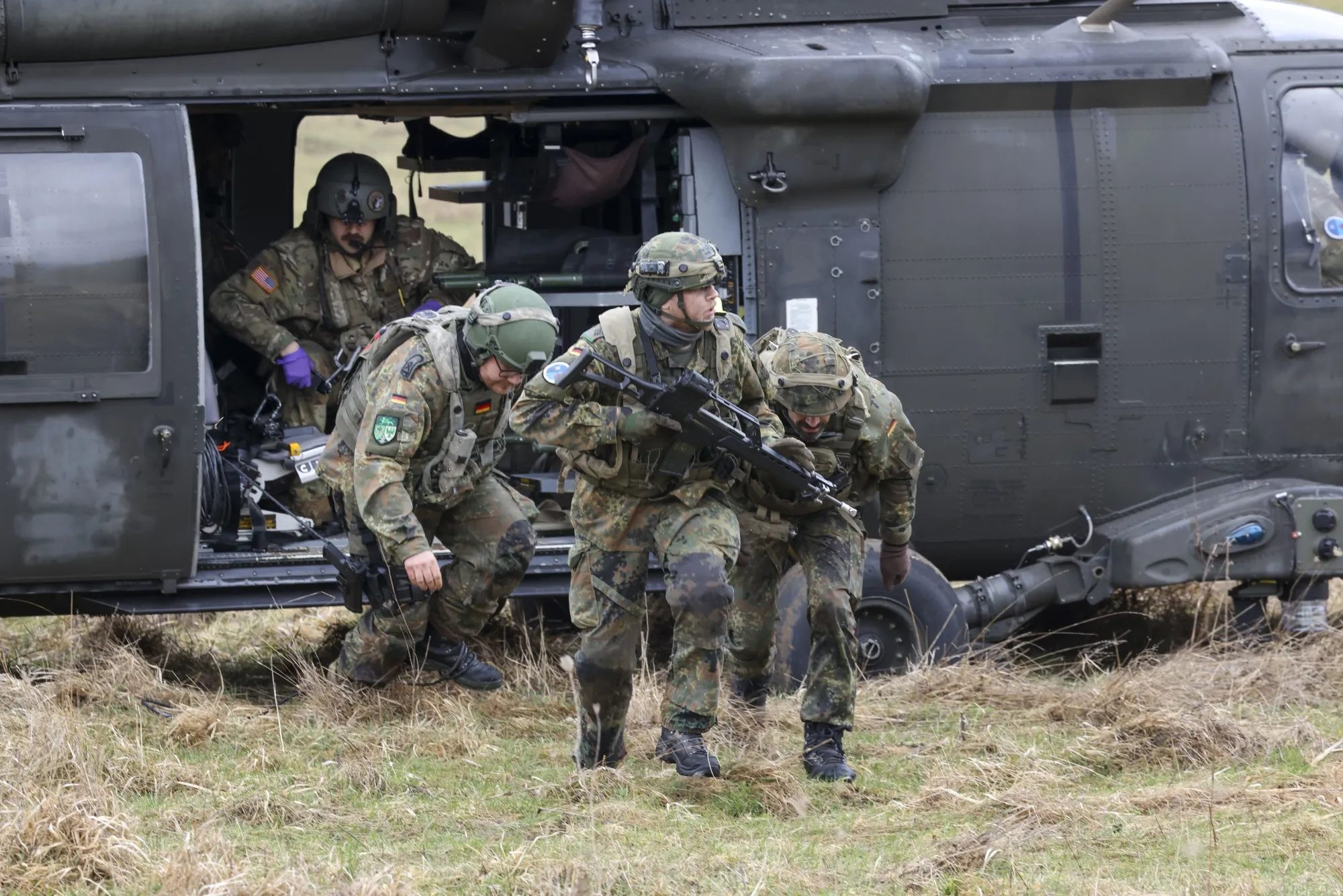German soldiers leave a US Army Black Hawk helicopter during an Allied Spirit 24 multinational training exercise&nbsp;in Hohenfels, Germany, on March 16.