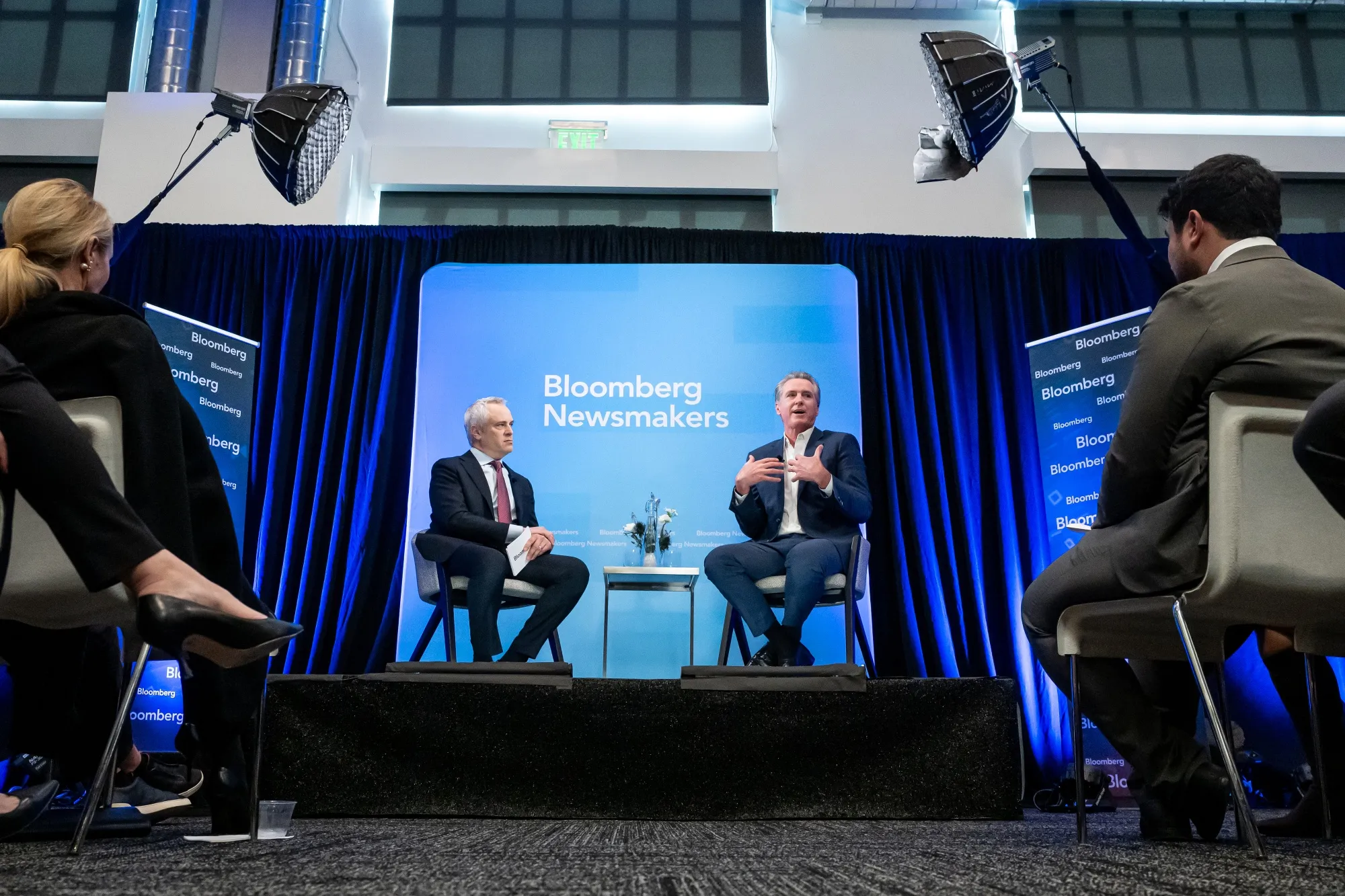 Gavin Newsom, governor of California, right, during an interview in San Francisco, California.