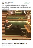 Tweet from @annaturley with a photo of Jacob Rees-Mogg laying back on a bench in Parliament. The tweet reads ”The physical embodiment of arrogance, entitlement, disrespect and contempt for our parliament.”