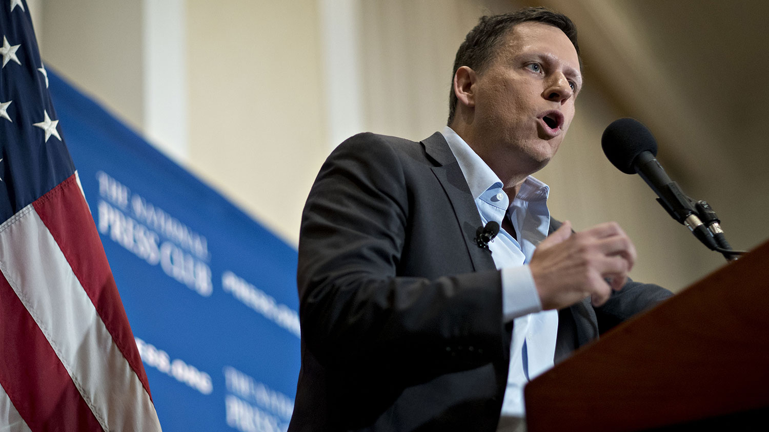 Peter Thiel, co-founder of PayPal Inc., speaks during a news conference at the National Press Club in Washington on Oct. 31, 2016.
