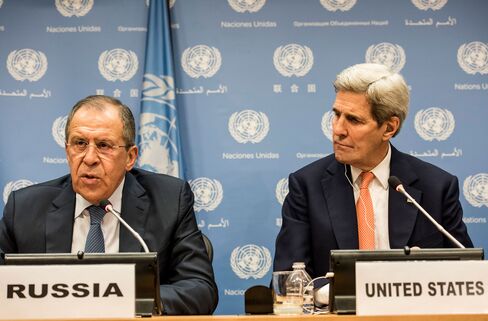 Sergei Lavrov, Russia's foreign minister and John Kerry, U.S. Secretary of State speak at a news conference after a United Nations Security Council meeting on Syria.