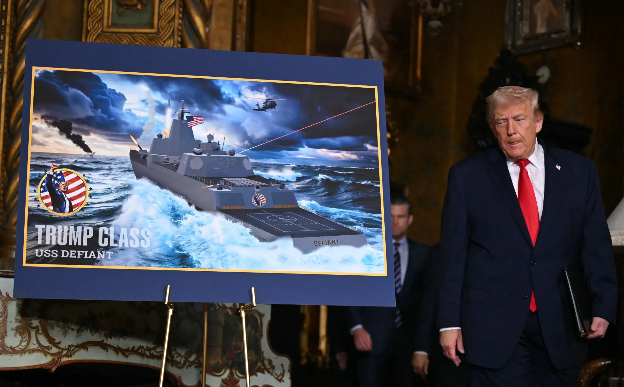 US President Donald Trump arrives to announce the US Navy's new Golden Fleet initiative, unveiling a new class of warships, at Mar-a-Lago in Palm Beach, Florida, on Dec. 22.