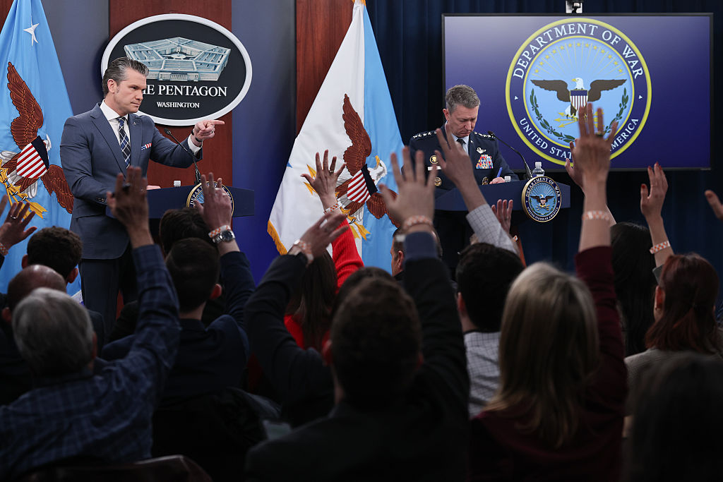 Pete Hegseth calls on a reporter while answering questions during a press briefing at the Pentagon on March 19.