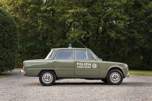 The 1966 Alfa Romeo Giulia Super “Polizia.” Similar models were used by the police in chase scenes in the film The Italian Job.