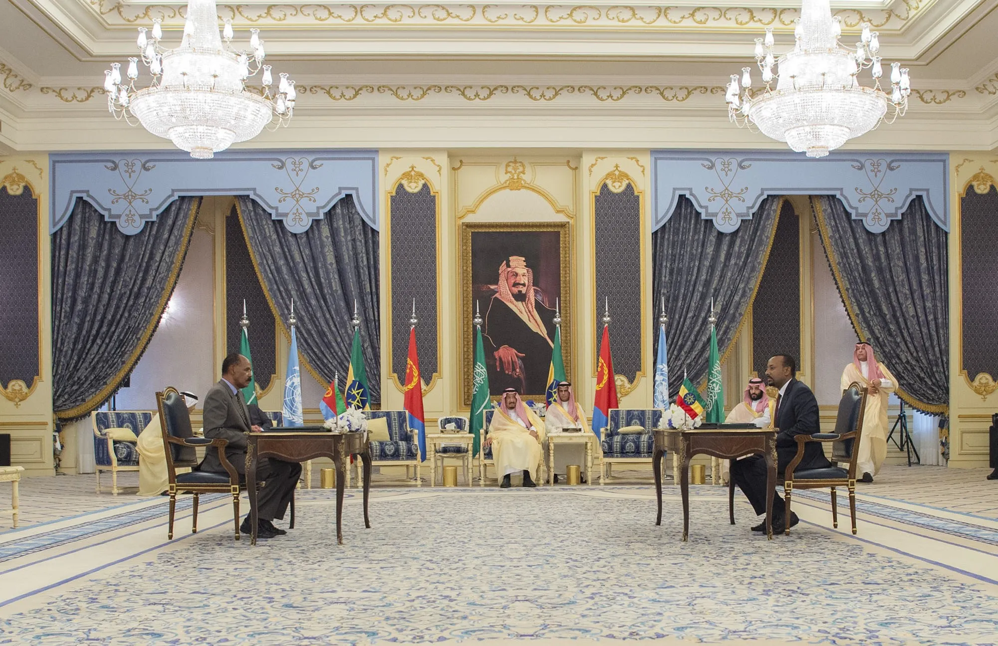 Abiy Ahmed, right, and Isaias Afwerki at a signing ceremony hosted by King of Saudi Arabia on Sept. 16.