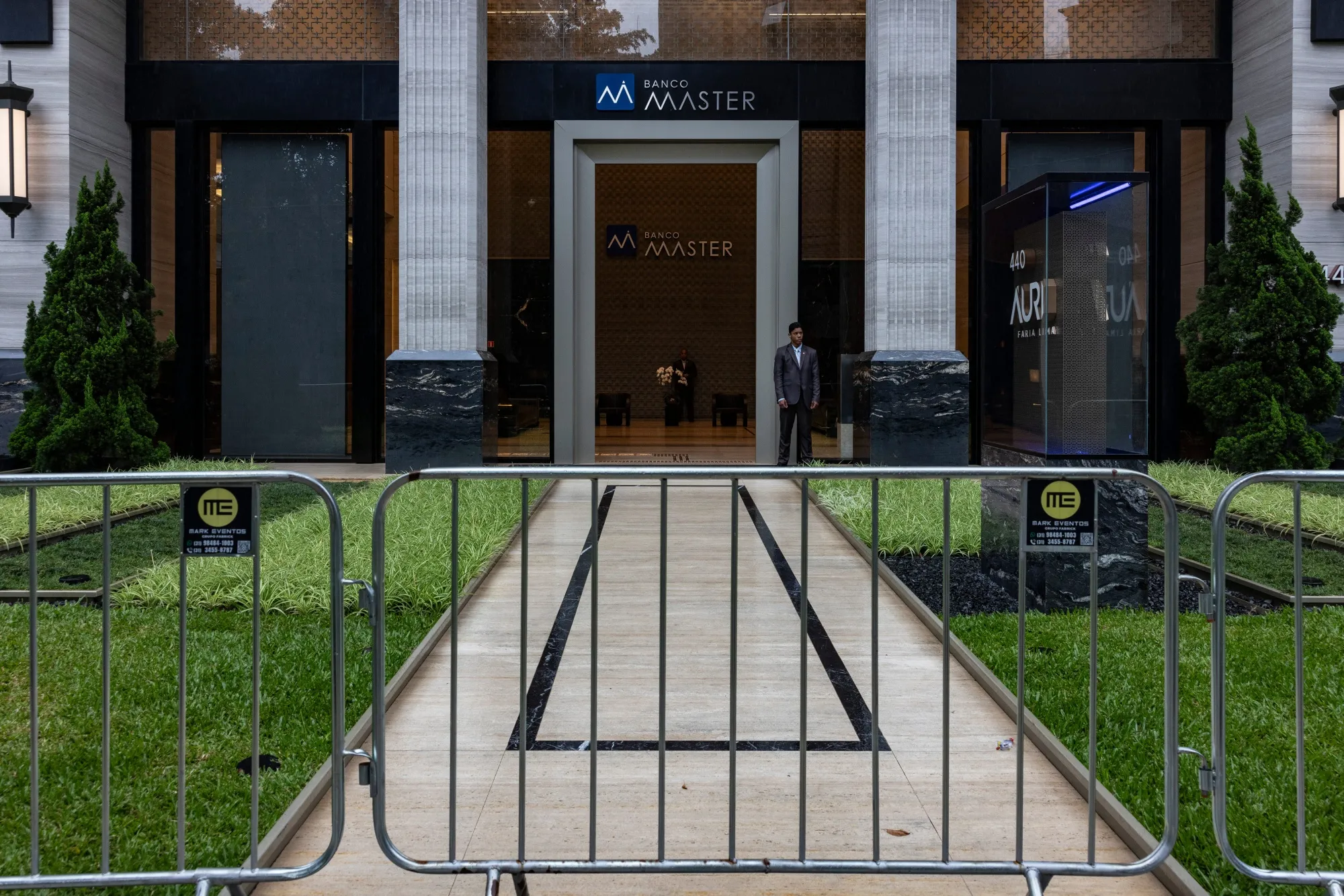 Barricades in front of the Banco Master headquarters in Sao Paulo, Brazil, in November 2025.