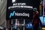 An advertisement for the Gemini credit card promising crypto rewards outside the Nasdaq MarketSite in New York’s Times Square.