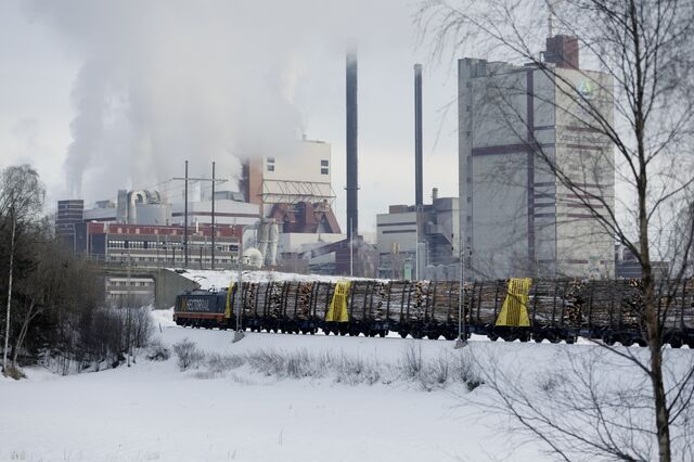 A freight train transporting timber to the SCA Ostrand pulp mill in Sundsvall. The factory is self-sufficient in its electricity and energy usage and is even a net provider of heat and electricity to the local community.